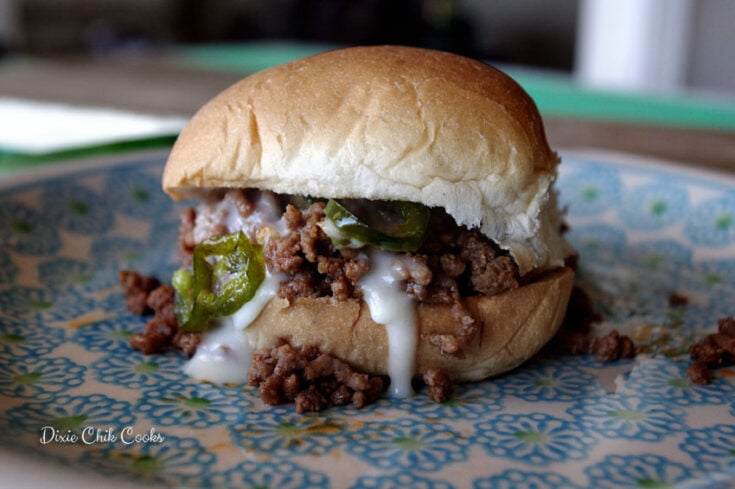 Chipotle Sloppy Joe Sliders with Havarti Cheese Sauce and Caramelized Jalapenos