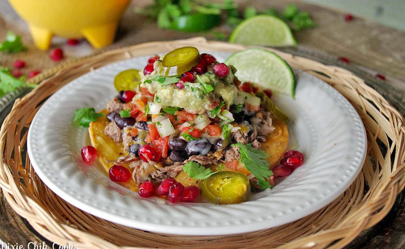 Shredded Beef Tostadas with Pomegranate Guacamole