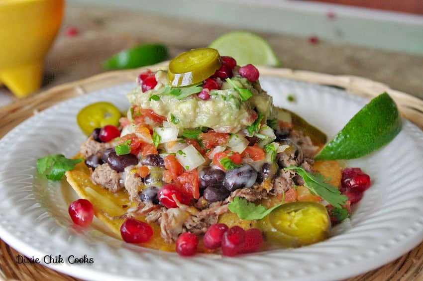 Shredded Beef Tostadas with Pomegranate Guacamole