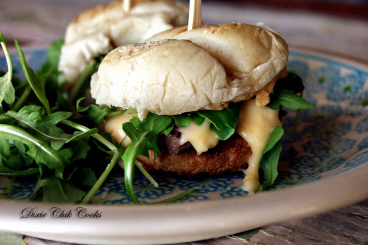 Steak Sliders with Cheddar Sauce and Arugula