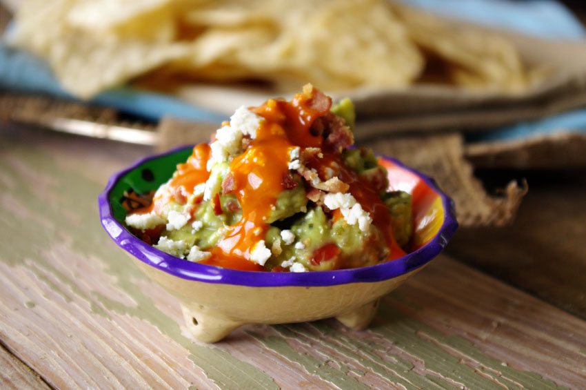 guacamole with blue cheese and buffalo sauce