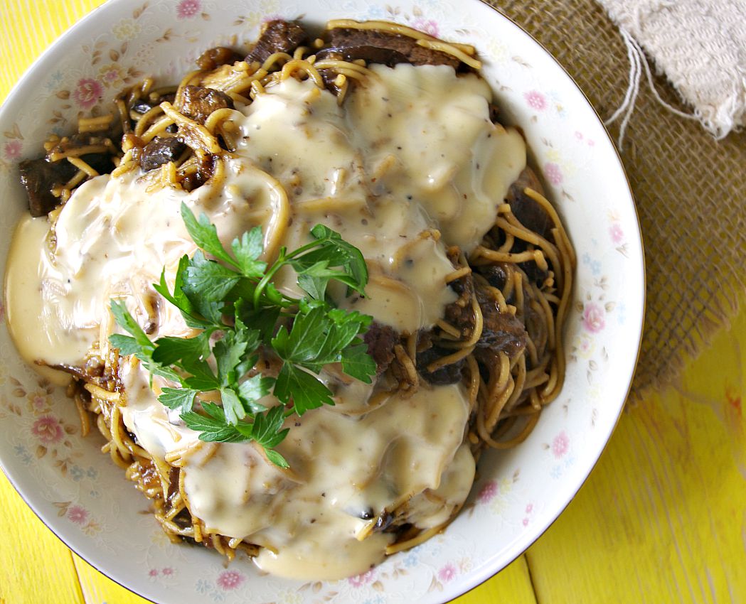 French Dip Mushroom Spaghetti with Horseradish Cheddar Sauce