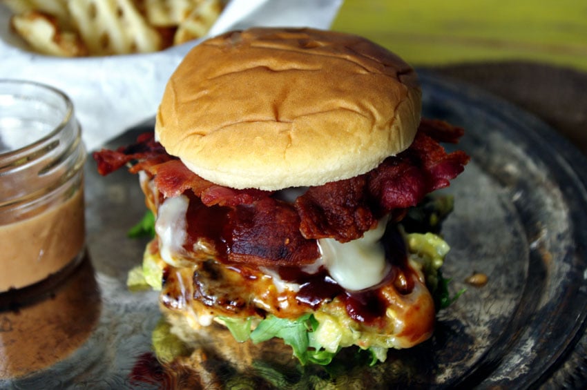 Fire Up the Grill – BBQ Bacon Fontina Burger with Peach Guacamole