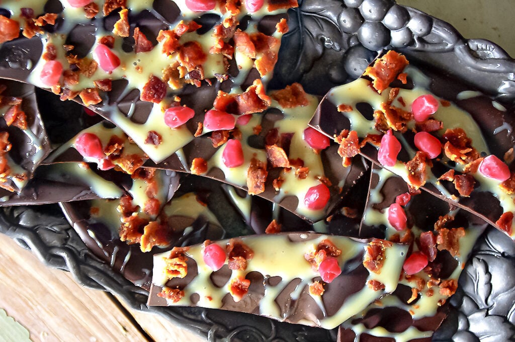 Dark Chocolate Bacon Bark with Salted Caramel & Pomegranate