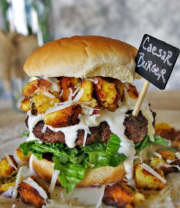Caesar Salad Burger with Jalapeno Parmesan Croutons