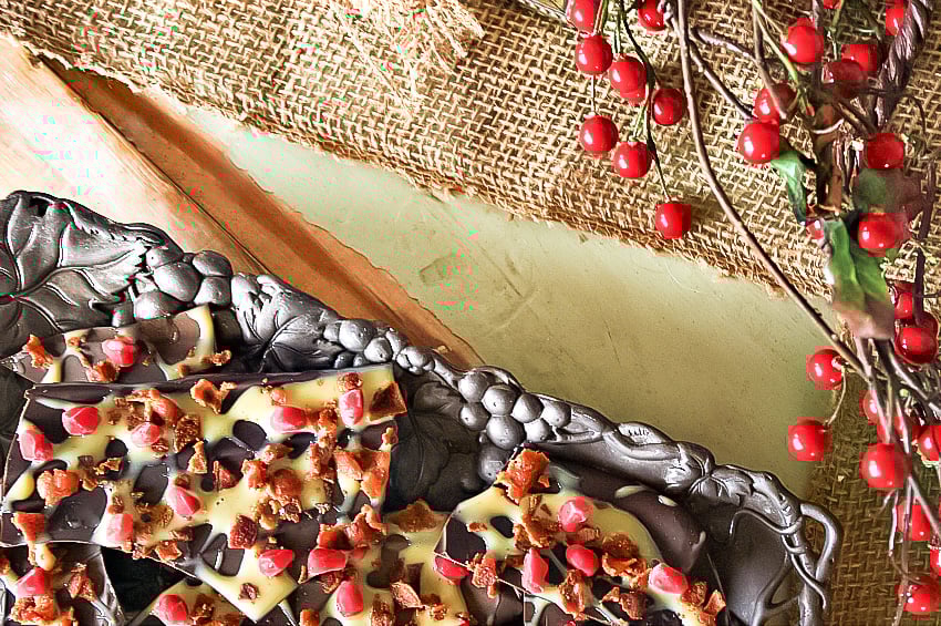 Dark Chocolate Bacon Bark with Salted Caramel & Pomegranate