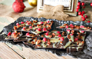 Dark Chocolate Bacon Bark with Salted Caramel & Pomegranate