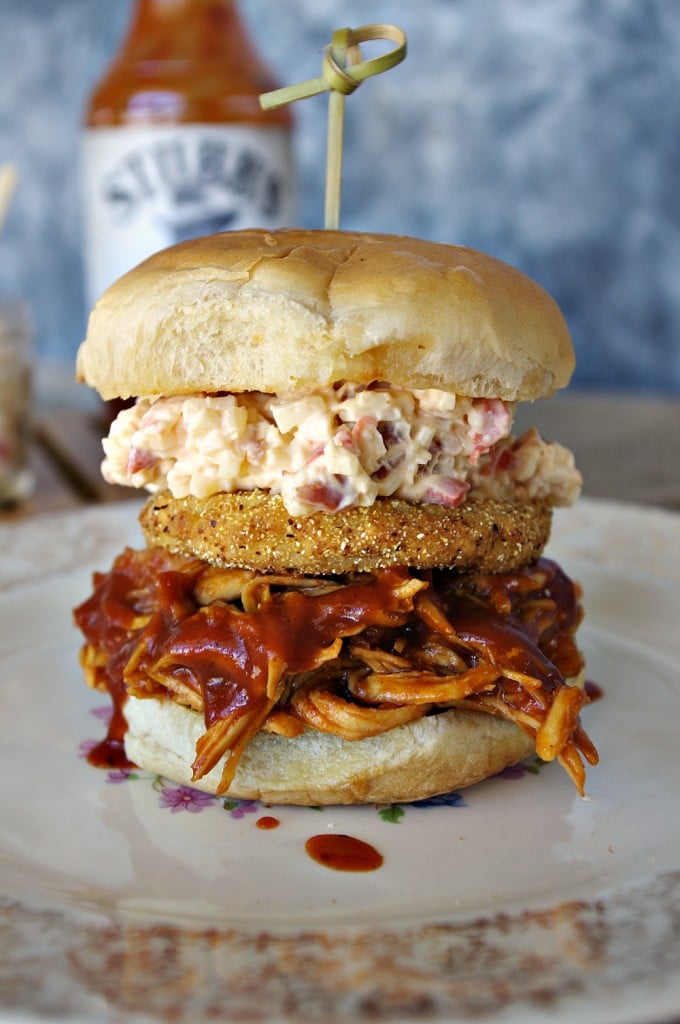 BBQ Chicken Sandwich with Fried Green Tomato and Bacon Pimento Cheese