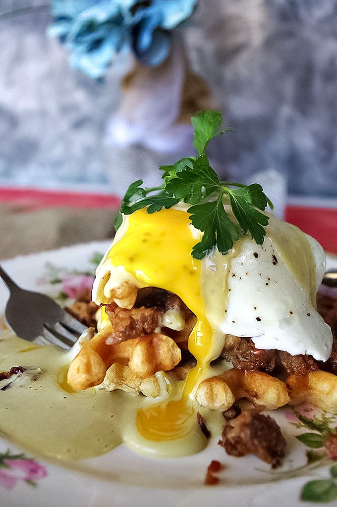 Italian Sausage Eggs Benedict over Cheddar Waffles