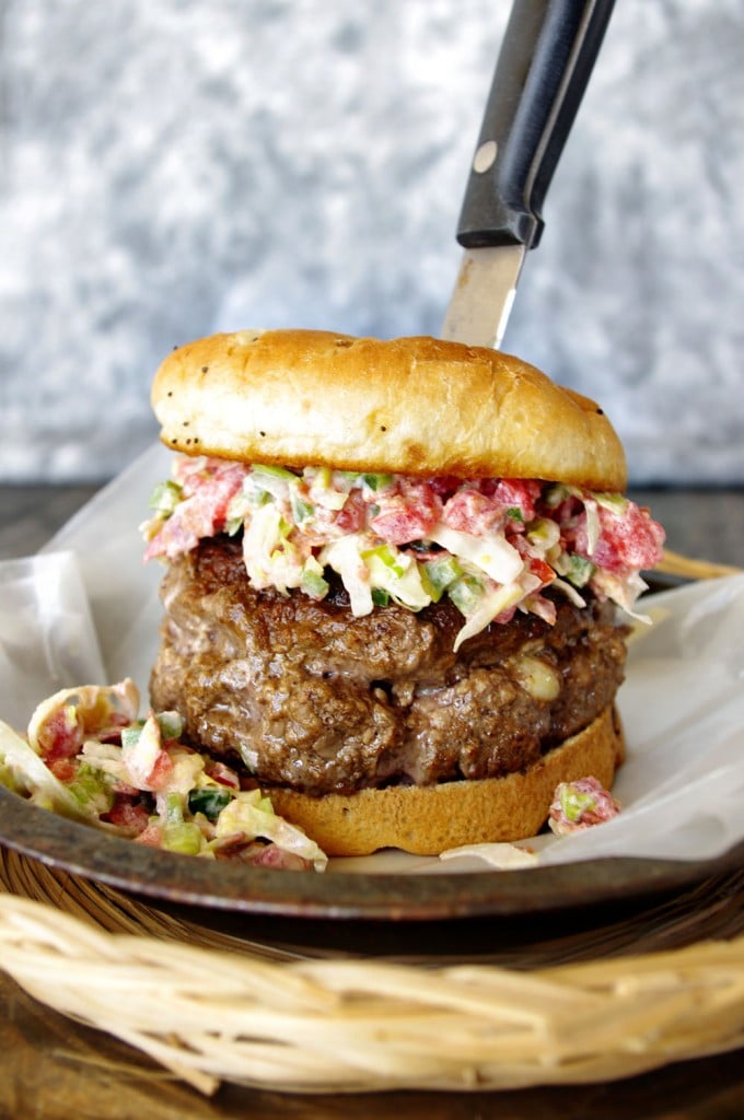 Cheese Stuffed Burger with Jalapeno BLT Slaw