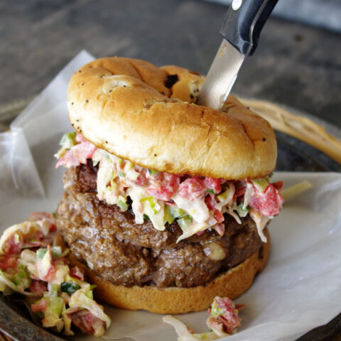 Cheese Stuffed Burger With Jalapeno BLT Slaw