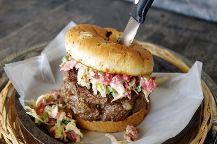 Cheese Stuffed Burger With Jalapeno BLT Slaw