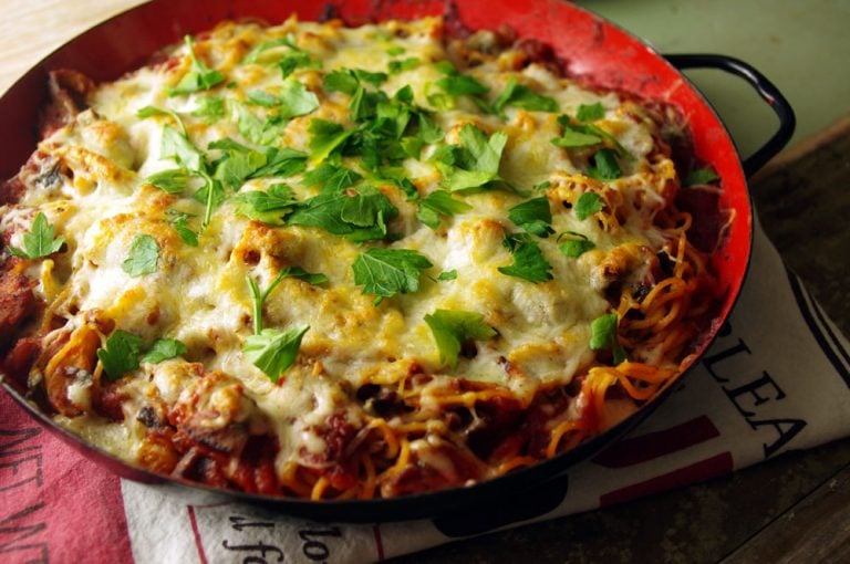 Smoked Sausage, Mushroom and Mozzarella Spaghetti | Dixie Chik Cooks