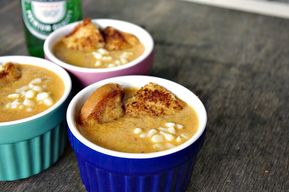 Asparagus, Tomato and Shoepeg Corn Summer Soup with Havarti Grilled Cheese Croutons
