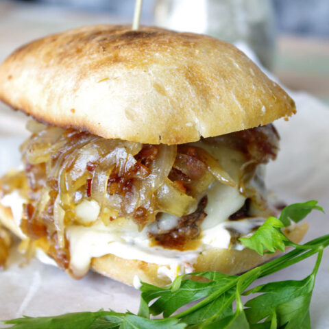 Bacon Onion Jam Burger with Havarti Cheese and Jalapeno Mayo