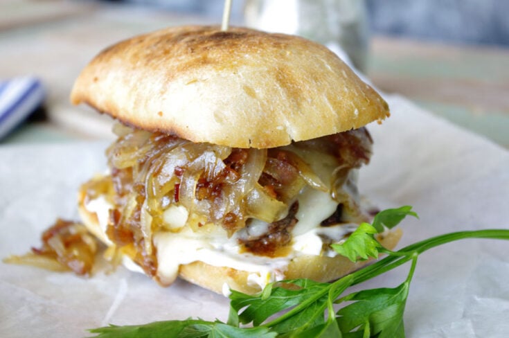 Bacon Onion Jam Burger with Havarti Cheese and Jalapeno Mayo