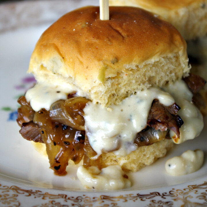 Steak Sliders with Black Pepper Onions and Blue Cheese