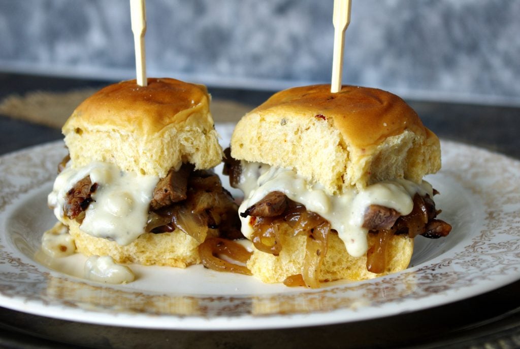 Steak Sliders with Sweet Black Pepper Onions and Blue Cheese