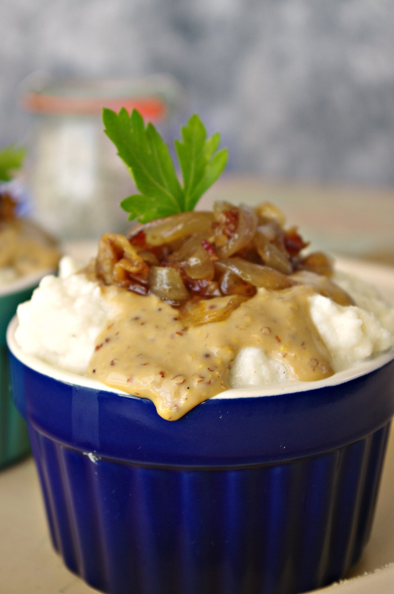 Mashed Cauliflower with Dijon Gravy and Bacon Jam