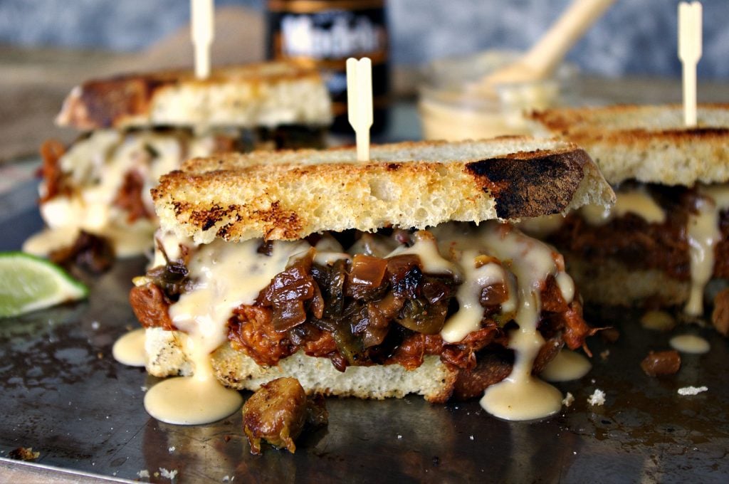 Chipotle Lime Brisket Sandwich with Sauteed Brussels Sprouts and Modelo