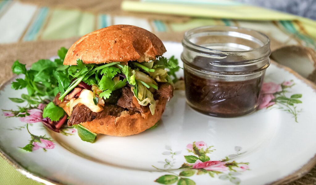 French Dip Sandwiches with Sesame Slaw French Dip Sandwich with cup of au jus