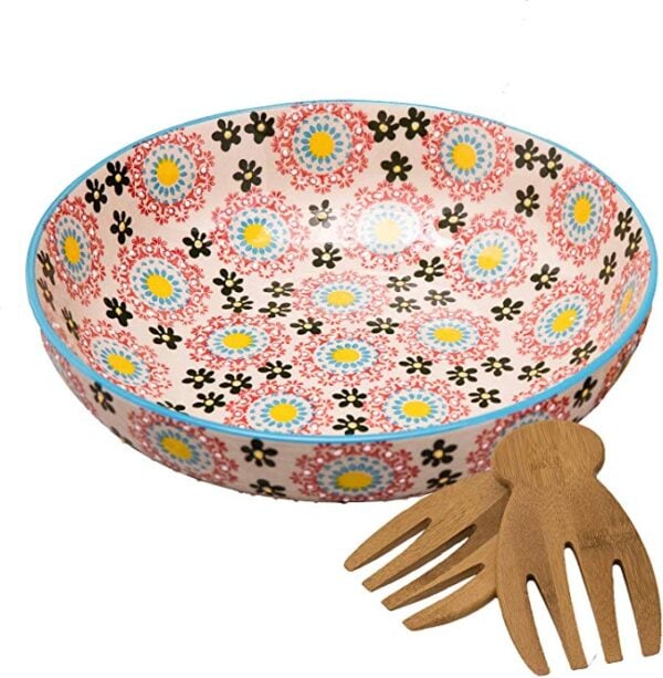 Large Stoneware Salad Serving Bowl, Multicolor Mexican Floral Design