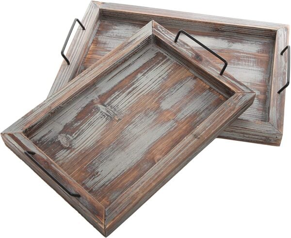 Set of 2 Country Rustic Whitewashed Brown Wood Finish Rectangular Nesting Serving Trays w/ Metal Handles